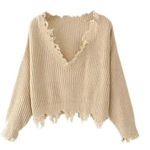 V Neck Loose Sweater Long Sleeve Crop Top Knit